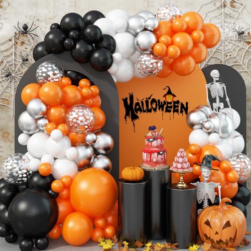 Halloween Luftballon Girlande Orange Schwarz Weiß, 113 Stück Schwarz White Orange Silber Konfetti Halloween Ballongirlande Deko für Kinder Halloween Gruselige Party Babyparty Geburtstag Dekoration von Paeyeq