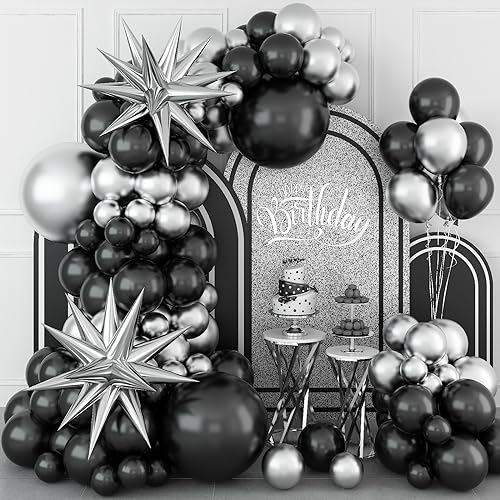 Luftballon Girlande Schwarz Silber, Schwarz Silber Ballon Girlande mit Metallic Silber Explosionsstern Folienballons, Schwarz und Silber Helium Latex Party Ballons für Geburtstag Partydekoration von Paeyeq