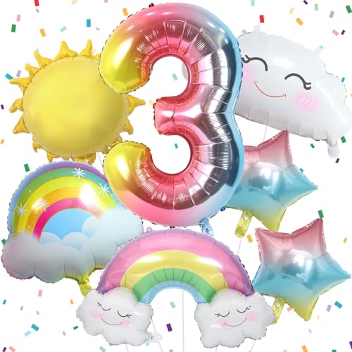 Luftballon Regenbogen Deko 3. Geburtstag Mädchen, Regenbogen Sonne Folie Luftballons, Regenbogen Sterne und Zahl 3 Folienballon für 3 Jahr Mädchen Geburtstagsdeko Regenbogen Kindergeburtstag Deko von Paeyeq