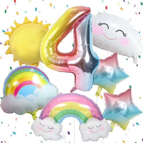 Luftballon Regenbogen für Mädchen 4. Geburtstag Dekoration Regenbogen Sonne Folie Luftballon Regenbogen Sterne und Zahl 4 Folienballon für Geburtstagsdeko Mädchen 4 Jahr Regenbogen Thema Party Deko von Paeyeq