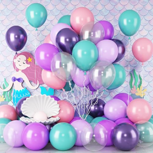 Luftballons Rosa Blau Lila Ballons Transparente Luftballon Meerjungfrau Magie Geburtstag Party Dekorationen 60STÜCK 12ZOLL Pastellrosa Metallic Violett Teal Ballons Unter dem Meer Helium Latex Ballon von Paeyeq