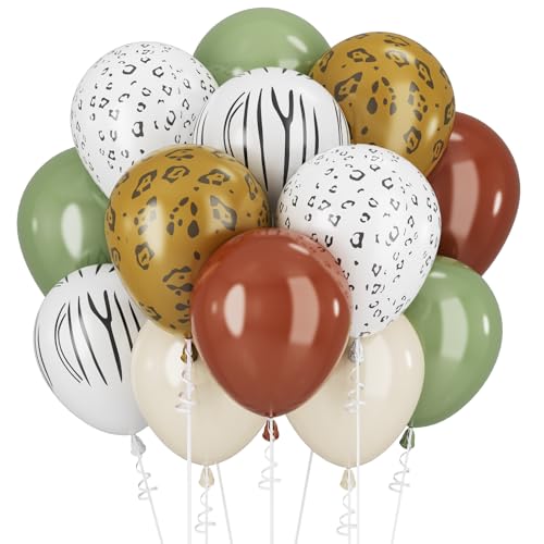 Luftballons Grün Beige Weiß Ballons Salbei Grüner Kaffee Luftballon Tierdruck für Dschungel Safari-Löwe Geburtstag Party Dekorationen 12ZOLL Grün Weiß Helium Latex Ballon Babyparty Dekor von Paeyeq