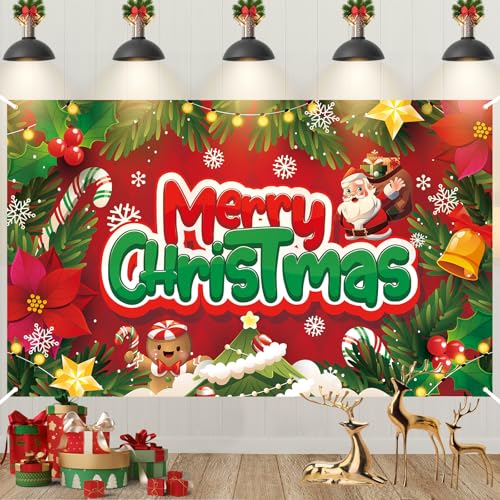 Weihnachten Banner Dekoration, Rot Frohe Weihnachts Hintergrund Banner, Extra Große Weihnachtsmann Lebkuchenmann Weihnachtsbanner, Weihnachten Hängen Banner für Drinnen Draußen Weihnachten Party Deko von Paeyeq