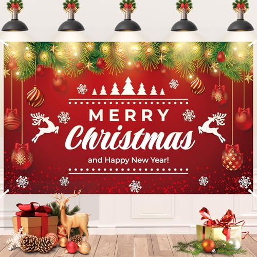 Weihnachten Dekoration Banner, Große Weihnachtsbaum Elch Weihnachtsbanner, Rot Frohe Weihnachten Hintergrund Banner, Weihnachten Hängen Banner für Drinnen Draußen Weihnachten Happy New Year Deko von Paeyeq