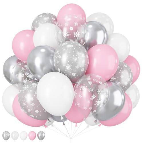 Frozen Luftballons, 60 Stück Rosa Weiß und Silber Latex Helium Ballons, 12 Zoll Schneeflocke Ballons Frozen Geburtstagsdeko Partyballons für Mädchen Geburtstag Frozen Thema Wonderland Party Deko von Paeyeq