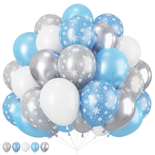 Frozen Luftballons, 60 Stück Blau Weiß und Silber Luftballons, 12 Zoll Silber Schneeflocke Ballons Frozen Geburtstagsdeko Partyballons für Frozen Thema Geburtstag Wonderland Party Deko von Paeyeq