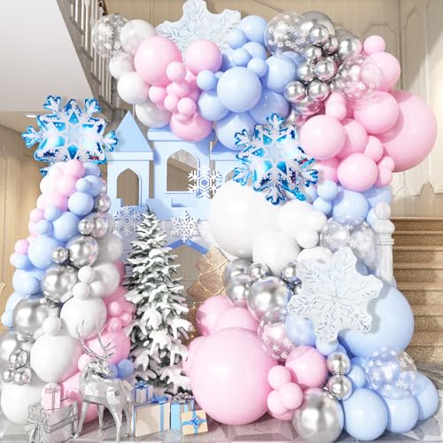 Frozen Geburtstagsdeko Luftballon Girlande, Ballons Girlande Winter Deko Blau Pink Weiß Schneeflockendruck mit Schneeflocke Folienballons für Mädchen Geburtstag Babyparty Weihnacht Party Dekorationen von Paeyeq