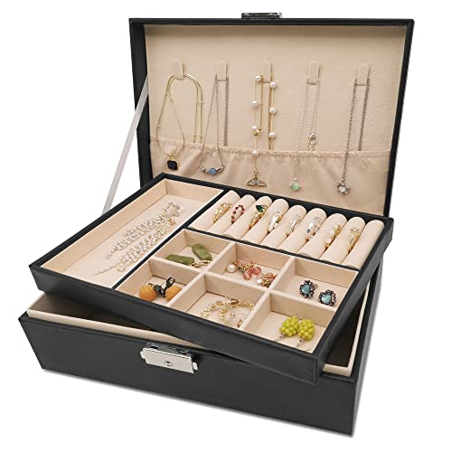 Pahajim Schmuckaufbewahrung für Damen Mädchen, Schmuckkästchen 2-stöckige Schmuckkasten PU-Leder Schmuckschatulle Jewelry Organizer Schmuckbox für Ringe, Ohrringe, Armbänder und Halsketten von Pahajim