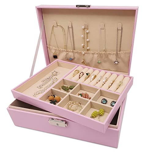 Pahajim Schmuckaufbewahrung für Damen Mädchen, Schmuckkästchen 2-stöckige Schmuckkasten PU-Leder Schmuckschatulle Jewelry Organizer Schmuckbox für Ringe, Ohrringe, Armbänder und Halsketten von Pahajim