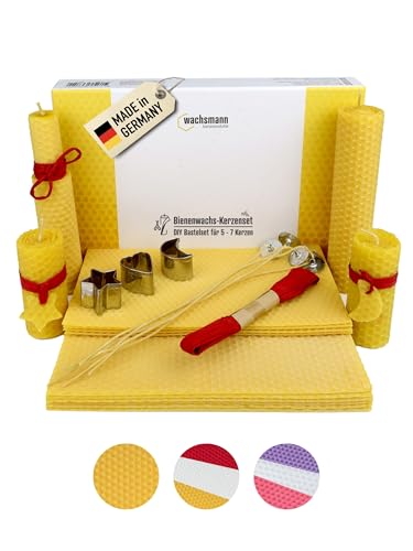 Wachsmann Bienenwachs-Kerzen selber Machen, 5-7 Stück - DIY Kerzen Bastel-Set - Kerzen basteln mit Bienenwachs-Platten aus Deutschland + Dochte, Deko-Band & Ausstechformen von Wachsmann