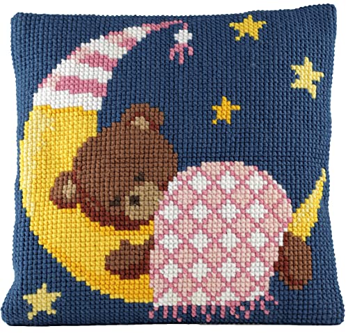 Pako Kissenbezug-Set Good Night Teddybear - DIY-Stickerei - Mit bedrucktem Stoff - Kreuzstich-Sets für Erwachsene - Pink - 40 x 40 cm von Pako