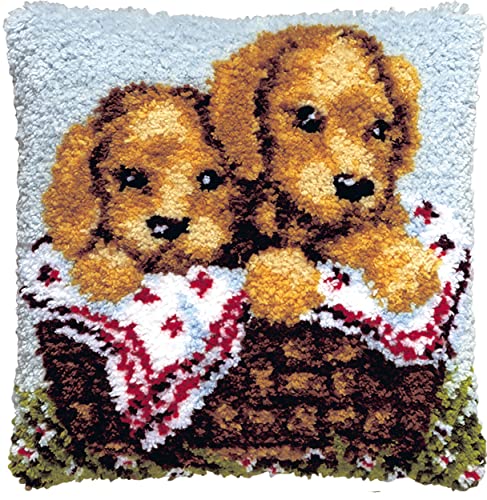 Pako Knüpfhaken-Set Puppy Basket - Kissenbezug - Bedruckter Stoff - Häkelhaken-Set - DIY-Kissenstickerei - 40 x 40 cm von Pako