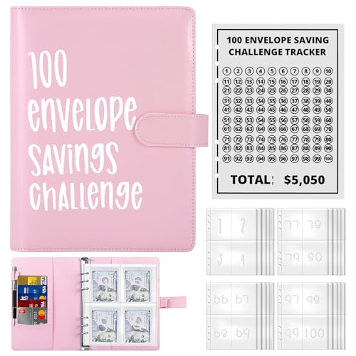 100 Briefumschläge, 100 Envelope Challenge Transparenten Geldumschlägen und Magnetknopf $5050, Geldsparung Geldordner Organizer Spar-Herausforderung für Zuhause, Schule, Rosa von Palmcee