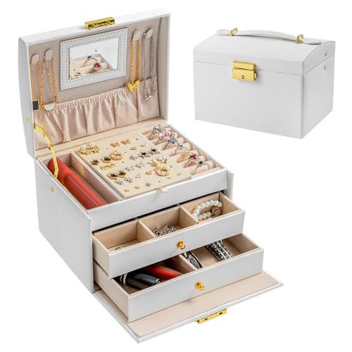 Pamatio Schmuckkästchen, 3 Ebenen Schmuckaufbewahrung Schmuckschatulle Reise PU-Leder, Schmuck Organizer Damen Mädchen Geschenk für Ringe, Ohrringe, Halsketten, 2 Schubladen, mit Schlossschlüssel,Weiß von Pamatio