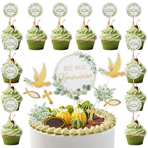 Pamtns 21 Stück Cake Topper Taufe Kommunion Kuchendekoration Taufe Cupcake Topper Set Taube Fisch Kreuzen Tortendeko Kommunion Cake Topper Tortendeko Taufe Erstkommunion deko Geburtstag Party Deko von Pamtns