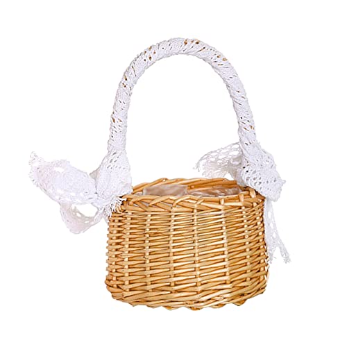 Pamtns Rattan Blumenkorb Handgemachte Korb Mini Geflochtener Blumenkorb Wicker Rattan Basket Hochzeit Blumen Korb mit Schleife Blumentopf Obstkorb Weidenkorb mit Henkel Picknickkorb Multifunktional von Pamtns