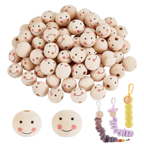 PandaHall Lächeln Gesicht Holzperle 100pcs Natürliche Holz Perlen Runde 19mm Smile Face Ball für Schlüsselanhänger Häkeln Weben Engel Handwerk Makramee DIY Schmuck von PandaHall