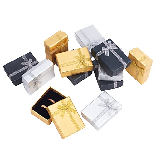 PandaHall 12 Stk Schmuckschatulle Papier Geschenkboxen mit Schleifenband Pappschachteln mit Deckel für Weihnachten Ohrringe Schmuckringe Anhänger Halsketten Armband Display, Golden/Silber/Schwarz von PH PandaHall