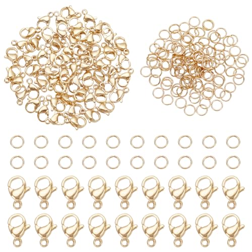 PandaHall 120pcs 304 Edelstahl Jump Ringe 4mm Jump Ringe mit 60pcs Hummer Verschluss Schmuck Verschluss Verbindungsstück Armband Clips Verschlüsse für Ohrring Armband Halskette Anhänger, Golden von PandaHall