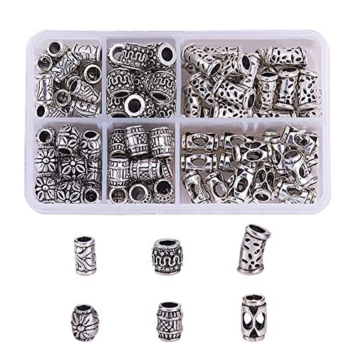 PandaHall 120pcs Tibetische Stil Legierung Großes Loch Lose Perlen 6-Stile Europäische Säule Barrel Perlen Antike Silber Europäische Perlen für Haar Bart Flechten DIY Schmuck Handwerk, Loch 4.5~5mm von PandaHall