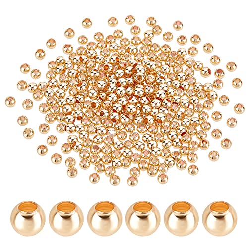 PandaHall 300 Stück 14K Vergoldete Zwischenperlen 2.4 mm Langlebige Lose Verbindungsperlen Runde Glatte Messingperlen Nahtlose Kugelperlen Für Die DIY-Sommer-Halsketten-Armband-Schmuckherstellung von PandaHall