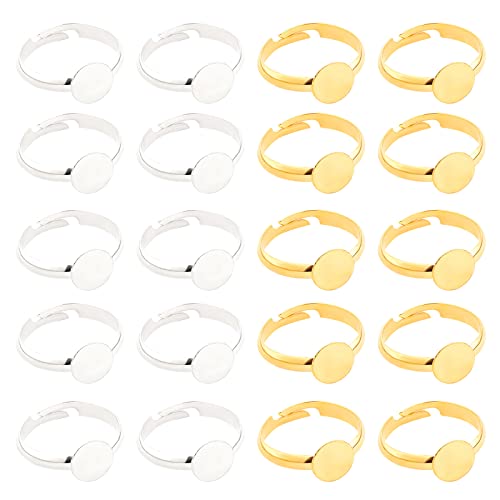 PandaHall 40 Stück 2 Farben Einstellbarer Flachring-Basisrohling, Ringringe Aus Metall Mit Runden Fingerringen Ringrohlinge Mit 8 mm Flachen Ringen Cabochon-Basislünette Für Das Kit Zur Herstellung von PH PandaHall