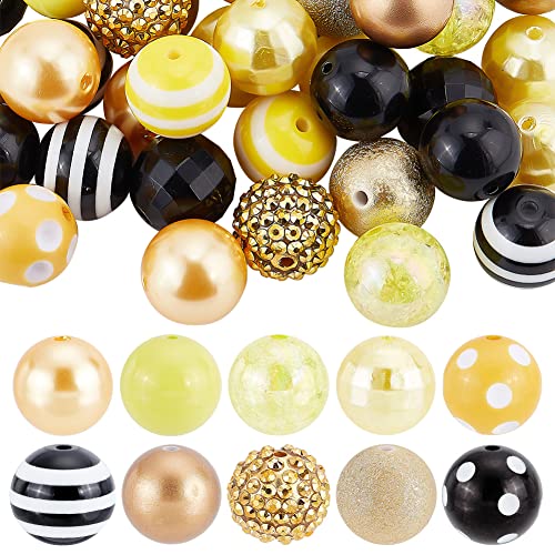 PandaHall 50 Stück 18~20mm Klobige Perlen, 9 Styles Mix Bubblegum Ball Perlen Gelb Schwarz Abstandsperle Acryl Runde Lose Perlen für Schmuck Armband Halskette Stift Tasche Kette Bastelbedarf von PandaHall