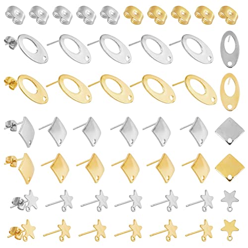 PandaHall 60 Stück 2 Farben Ohrstecker, 3 Stile 304 Edelstahl Ohrstecker Oval Rhombus Stern Ohrstecker mit Ohrpolster Ohrringe Basispfosten mit Loch für Frauen DIY Ohrringe Bastelbedarf von PandaHall