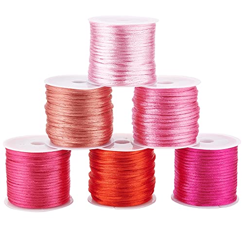 PandaHall 60 Yards Rosa Nylon Rattail Satin Kordel, 2mm Seidige Kordel Satinschnur Faden für Makramee Kumihimo Freundschaftsarmband Halskette Chinesischer Knoten Traumfänger Weihnachten, 6 Farben von PH PandaHall