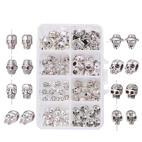 PandaHall Elite 80 Stück Tibetischen Stil Schädelperlen, 8 Stile Totenkopf Zwischenperlen Antik Silber Totenkopf Lose Perlen für Halloween Toussaint Armband Halskette Schmuckherstellung von PH PandaHall