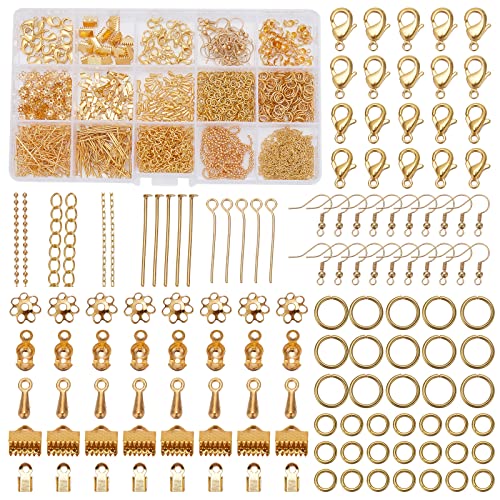 PandaHall 1 Box Schmuck Herstellung Supplies Kits mit Eisen Jump Ring/Bead Caps/Crimp Enden/Twist Chain Extensions/Ohrring Haken/Pins für Schmuck Herstellung und Ohrring Halskette Reparatur (Golden) von PH PandaHall