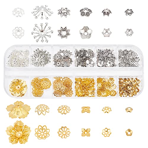 PandaHall 310 pcs Eisen Blume Petal Bead 12-Form Kappen Abstandshalter Tibetische Legierung Bead Abstandshalter für Ohrring Armband Halskette DIY Schmuck Herstellung, Gold/Platin von PH PandaHall