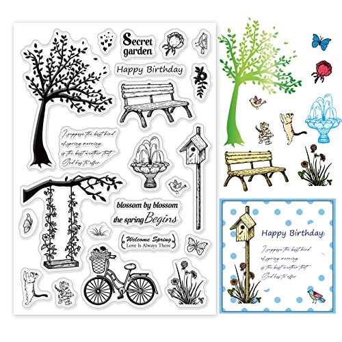 PandaHall Frühlingsblumen Klare Stempel, Schmetterling-Silikon-Stempel Fahrrad Baum Worte Stempel Frühling Wandern Gummistempel für Kartenherstellung Dekoration DIY Scrapbooking von PandaHall