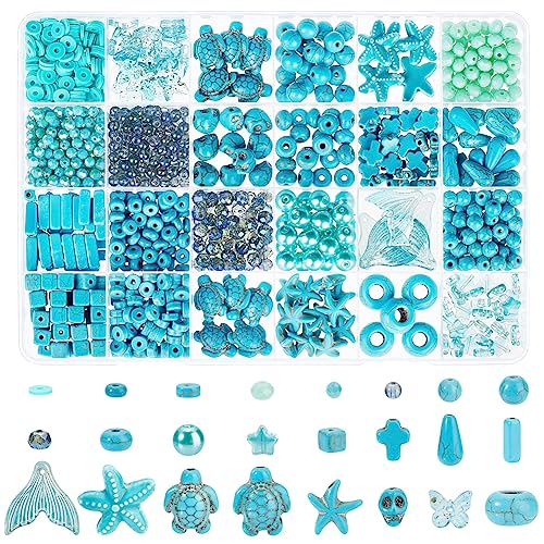 PH PandaHall 1071 Stück Türkisfarbene Perlen 24 Stile Seestern Schildkröte Edelsteinperlen Blaue Glasperlen Heishi Perlen Sommer Strand Perlen Charms Für Halskette Ohrringe Armbänder Fußkettchen von PH PandaHall