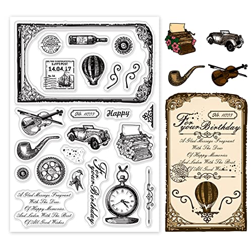 PandaHall Retro-Elemente Thema Clear Stamps Transparente Bastelstempel Für Zahnrad/Schreibmaschine/Uhrenmuster Stempel Für Scrapbooking Kartenherstellung Dekoration Fotokarten Album Bastelbedarf von PandaHall