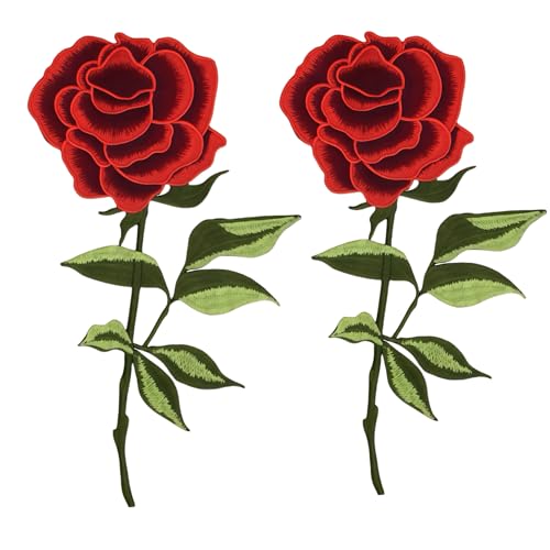 Pandalein 2 Stück Set Rote Rose Bestickte Aufnäher, Blumen Patches zum Aufbügeln, Stickerei für Kleidung DIY Jeans T-Shirt Jacken Handarbeiten (Rot) von Pandalein