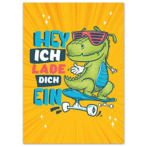 Pandawal 12x Einladungskarten Kindergeburtstag Dino Junge und Mädchen mit coolem Dinosaurier auf Skateboard Motiv perfekte Einladung für Geburtstag Ausflug Kinderparty von Pandawal