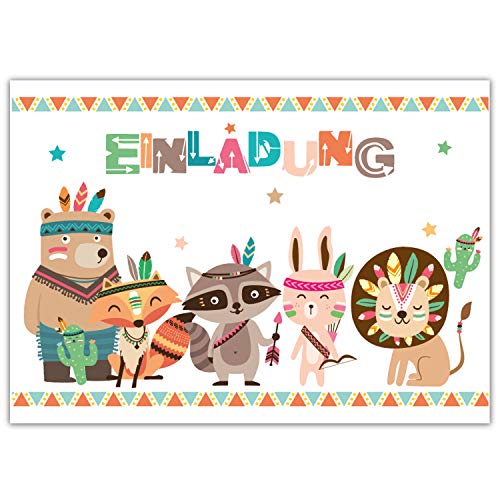 Pandawal 12x Einladungskarten Kindergeburtstag für Junge und Mädchen süße Indianer Tiere Boho Style perfekte Einladung für Geburtstag Taufe Party (Weiß) von Pandawal