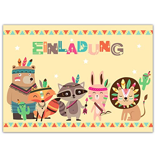 Pandawal 12x Einladungskarten Kindergeburtstag für Junge und Mädchen süße Indianer Tiere Boho Style perfekte Einladung für Geburtstag Taufe Party von Pandawal