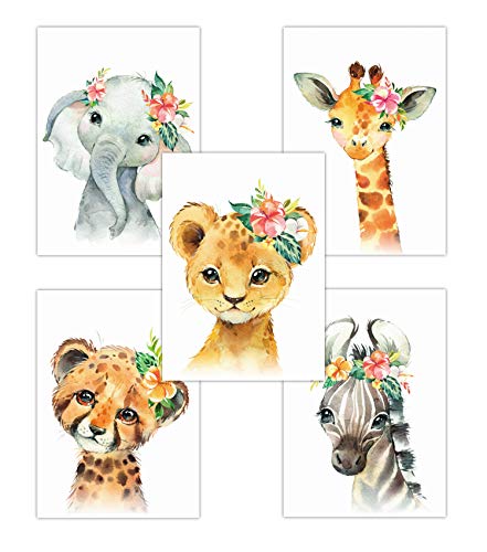 Pandawal Kinderzimmer Deko Babyzimmer Bilder Mädchen und Junge Baby Tiere Safaritiere Blumen Elefant Giraffe Zebra Löwe Gepard 5er Poster Set (T15) Kinderposter DIN A4 von Pandawal