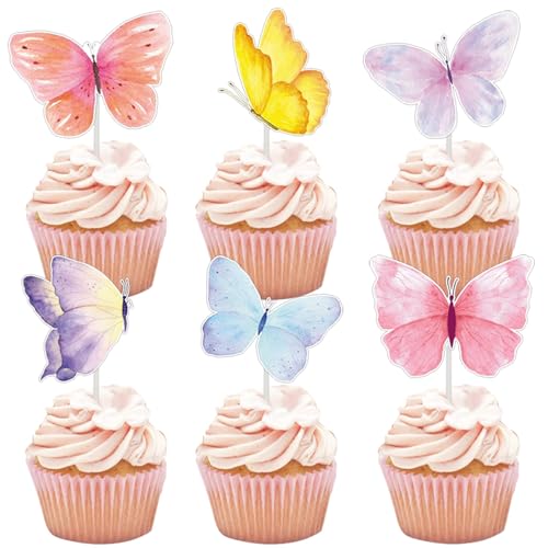 Pangogogo 36Stk Schmetterling Cupcake Toppers, Rosa Gelb Blau Lila tortendeko schmetterling, 6 Stil Schmetterling Muffin Deko für Cake Topper Hochzeit,Geburtstag Party von Pangogogo