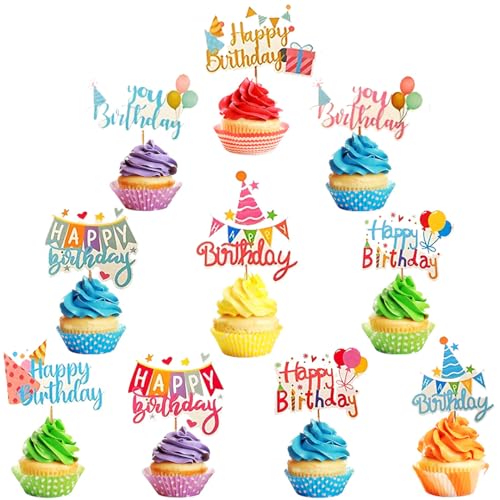 Pangogogo 50Stk Happy Birthday Tortendeko, bunte Heißluftballon Hut happy Birthday Cake Topper, 10 Styles Birthday Cupcake Deko Muffin Deko für Mädchen Junge Kind Geburtstag Party von Pangogogo