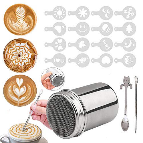 Panlom® Puderzucker-/Kakaostreuer aus Edelstahl + 16 x Cappuccino-Kaffee-Schablonen von Panlom