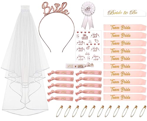 Panngu 37er Set Bride to Be Schärpe und Schleier, Frauen Junggesellinnenabschied Deko Armband Braut Stirnband Accessoires, JGA Sschärpe mit Anstecknadeln für Team Bride und Bachelorette Party von Panngu