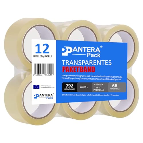 Pantera Pack 36 Rollen Packband Transparent Rollen 48mm x 66m | Verpackungsbänder für Pakete, Kisten, Versand | Klebeband für Pakete & Paketklebeband Braun Geräuscharmes Paketklebeband Umzugsbedarf von Pantera Pack