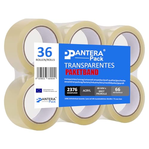 Pantera Pack 36 Rollen Paketklebeband Transparent Paketband Klebeband Universalklebeband Packband für Verpacken von Paketen und Versandschachteln, 66 m x 48 mm, Reißfestigkei, Hohe Klebekraft von Pantera Pack