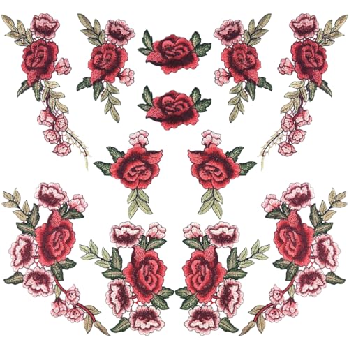 Paotxpum 12 Stück Rose bestickte Spitze Blume Applikation Patches Pfingstrose Blume bestickte Applikation Aufnähen Patches Retro Stickerei Rose Patches große rote Rose Applikationen für Kleidung von Paotxpum