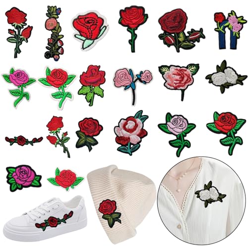 Paotxpum 12 Stück bestickte Bügelbilder Rose Blume Bügelbilder Sets bestickt Nähen Applikation Reparatur Patch Aufnähen / Aufbügeln auf Patch Applikation für Kleidung, Kleid, Hut, Jeans, DIY-Zubehör von Paotxpum