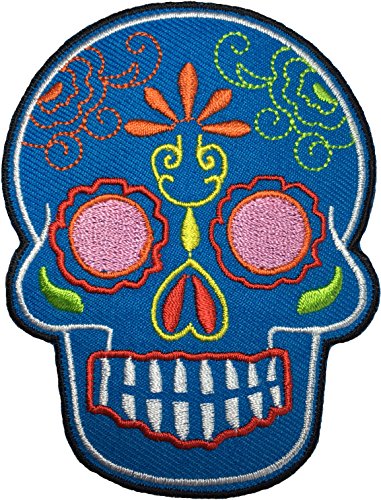 Papapatch Mexikanischer Totenkopf-Tattoo, Totenkopf-Motiv, bestickt, zum Aufnähen oder Aufbügeln, Blau (MEXI-02-BLUE) von Papapatch