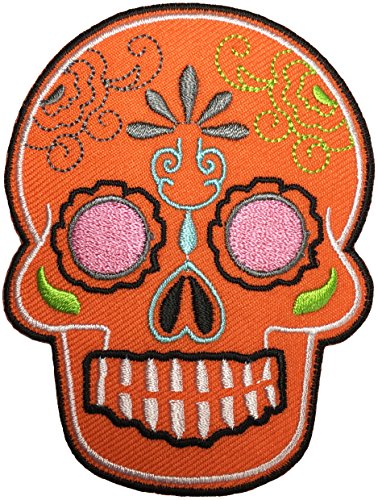 Papapatch Mexikanischer Totenkopf-Tattoo, Totenkopf-Tattoo, Biker, DIY, bestickt, zum Aufnähen oder Aufbügeln, Orange (MEXI-02-ORANGE) von Papapatch